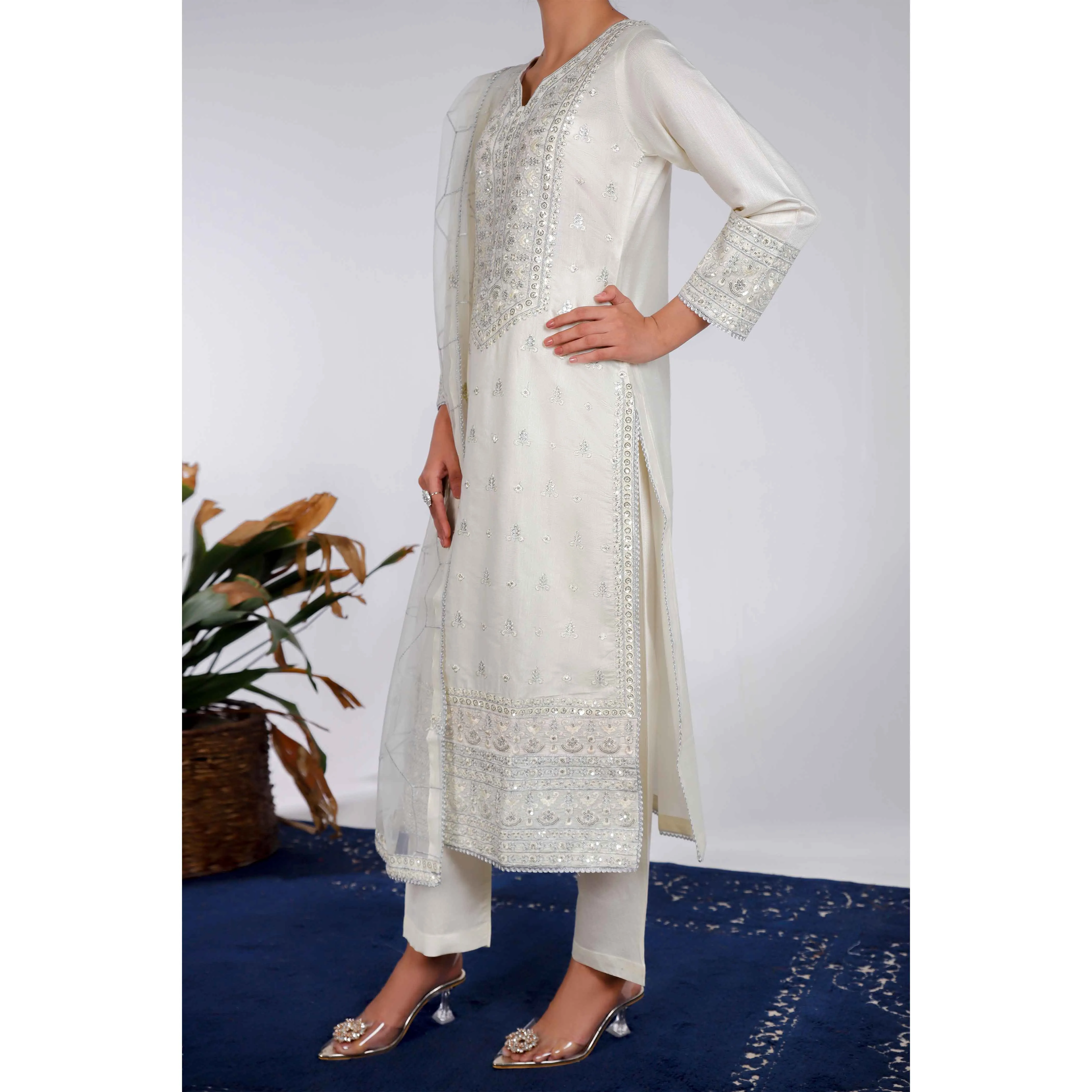3PC- Embellished Khaddi Net Suit PF4003
