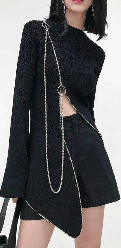 Asymmetric Zip-Embellished Sweater