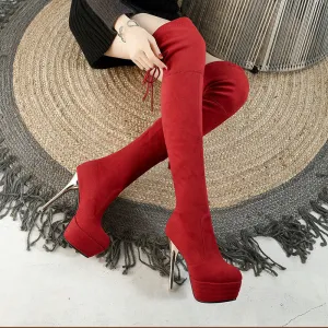Autumn and winter lace up Knee Boots Black Slim Elastic Boots Super High Heel Waterproof Platform High Boots