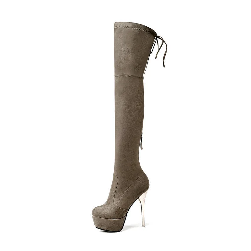 Autumn and winter lace up Knee Boots Black Slim Elastic Boots Super High Heel Waterproof Platform High Boots