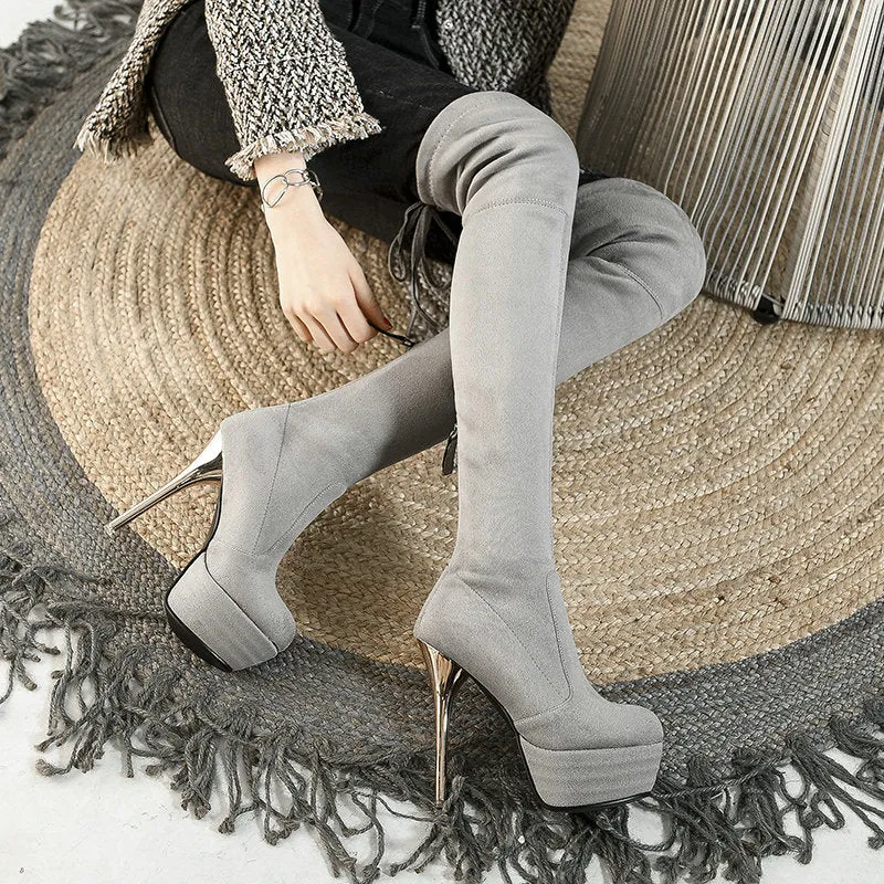 Autumn and winter lace up Knee Boots Black Slim Elastic Boots Super High Heel Waterproof Platform High Boots