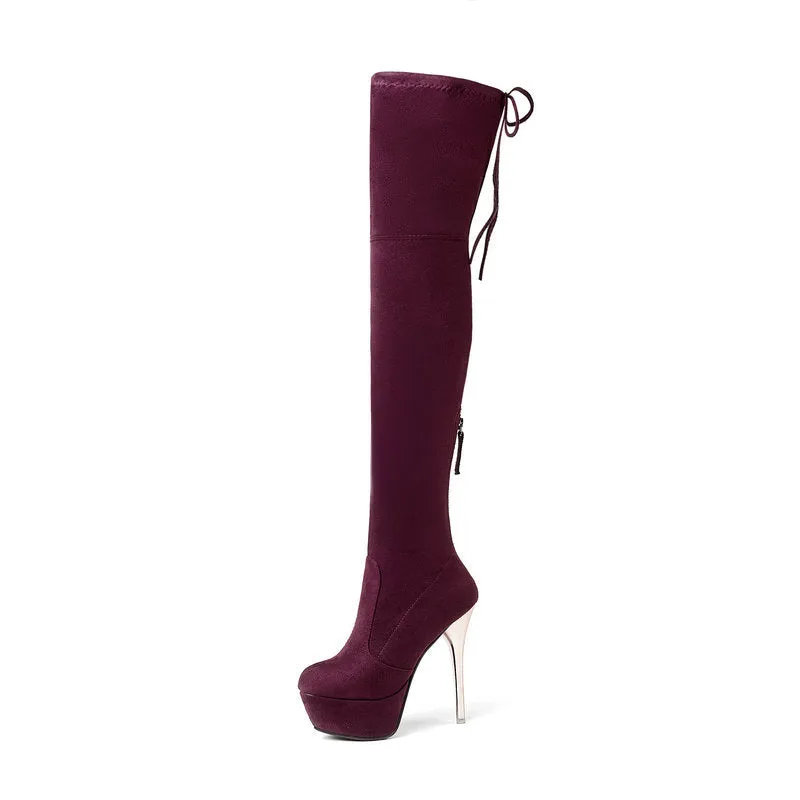 Autumn and winter lace up Knee Boots Black Slim Elastic Boots Super High Heel Waterproof Platform High Boots