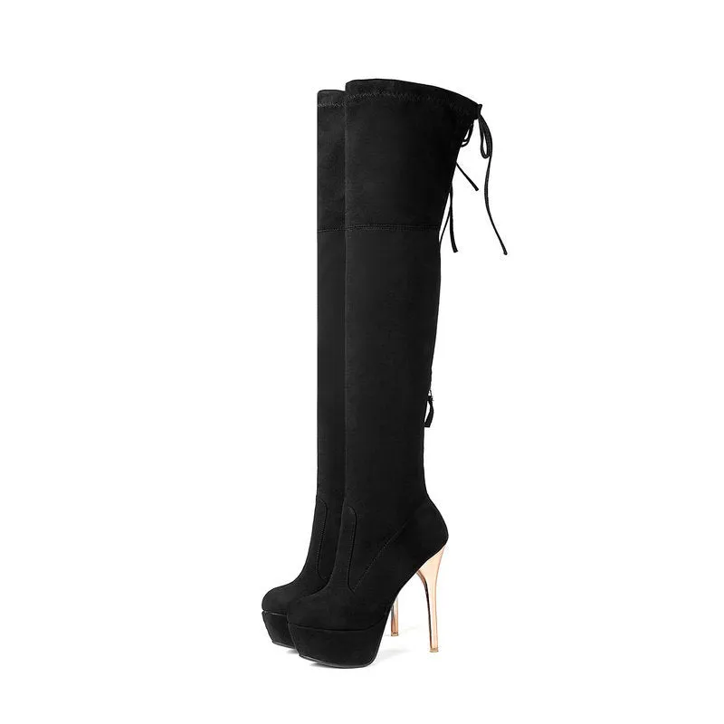 Autumn and winter lace up Knee Boots Black Slim Elastic Boots Super High Heel Waterproof Platform High Boots