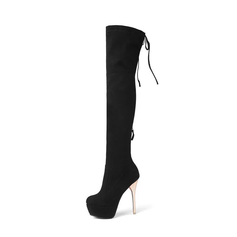Autumn and winter lace up Knee Boots Black Slim Elastic Boots Super High Heel Waterproof Platform High Boots