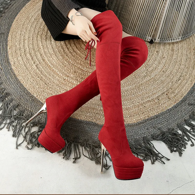 Autumn and winter lace up Knee Boots Black Slim Elastic Boots Super High Heel Waterproof Platform High Boots