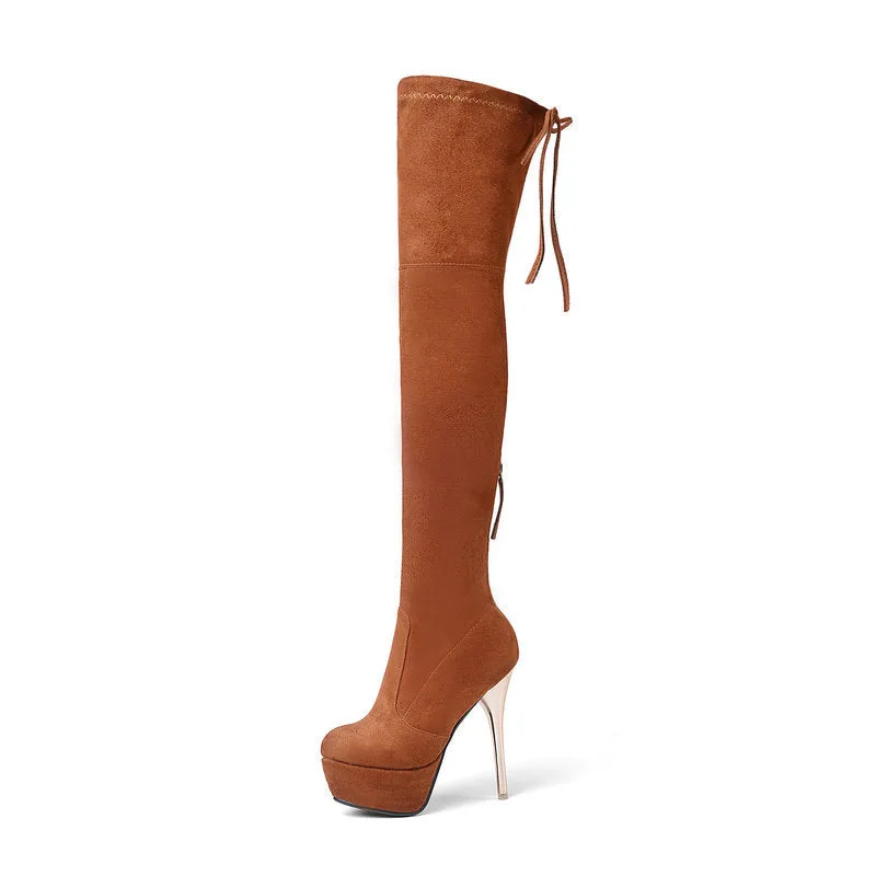 Autumn and winter lace up Knee Boots Black Slim Elastic Boots Super High Heel Waterproof Platform High Boots