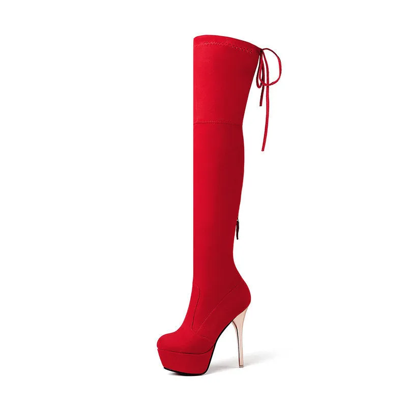 Autumn and winter lace up Knee Boots Black Slim Elastic Boots Super High Heel Waterproof Platform High Boots