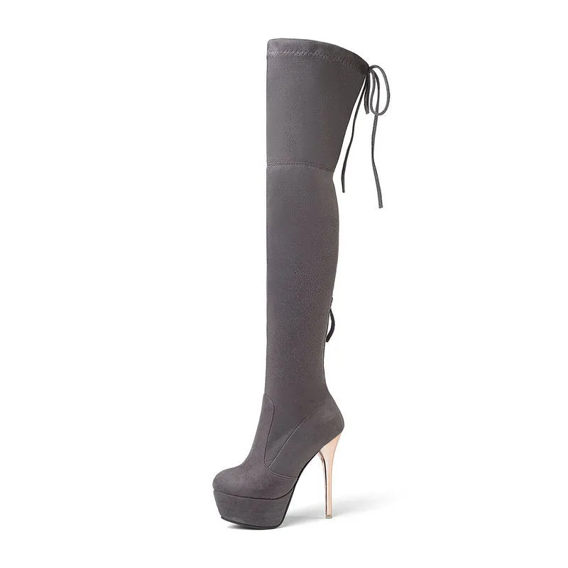 Autumn and winter lace up Knee Boots Black Slim Elastic Boots Super High Heel Waterproof Platform High Boots