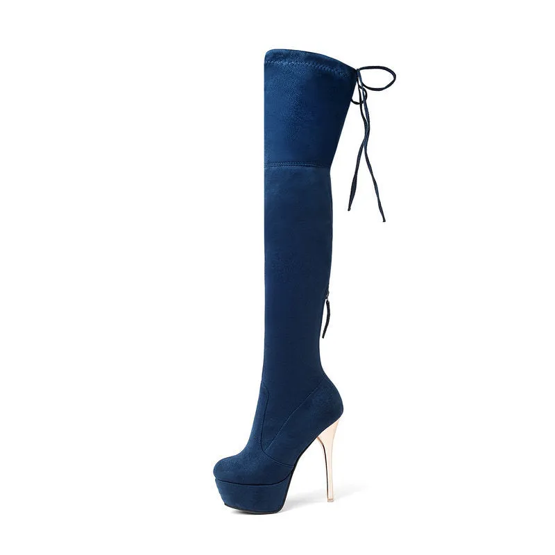 Autumn and winter lace up Knee Boots Black Slim Elastic Boots Super High Heel Waterproof Platform High Boots