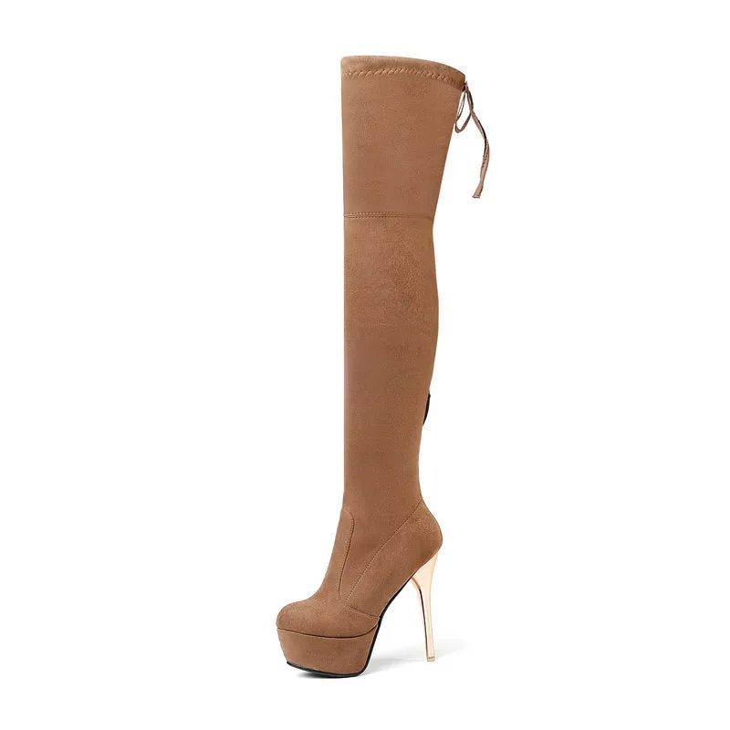 Autumn and winter lace up Knee Boots Black Slim Elastic Boots Super High Heel Waterproof Platform High Boots