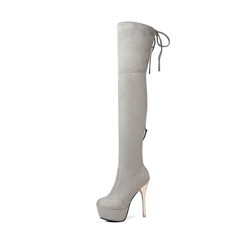 Autumn and winter lace up Knee Boots Black Slim Elastic Boots Super High Heel Waterproof Platform High Boots