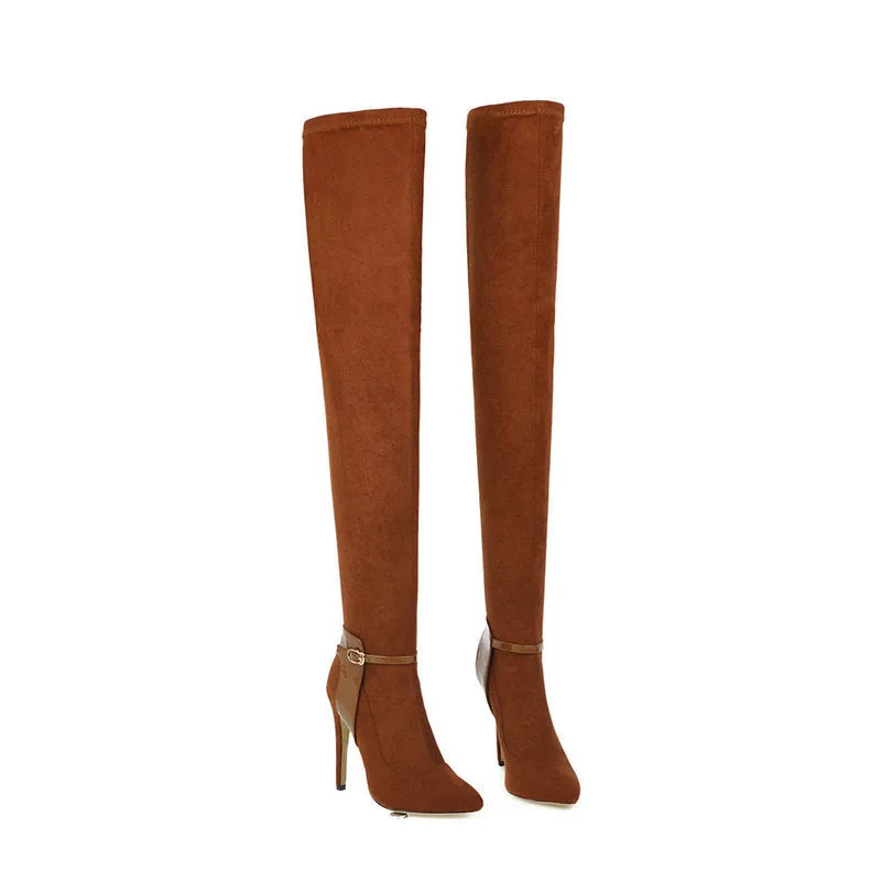 Autumn And Winter Pointed Ultra-Fine High Heel Elastic Velvet Knee High Boots