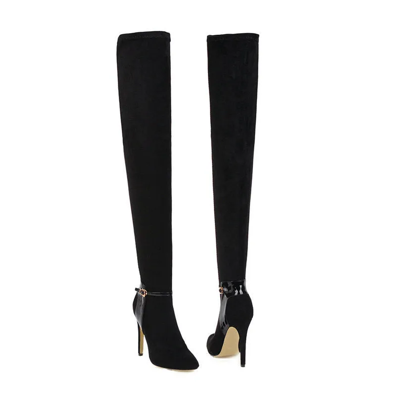 Autumn And Winter Pointed Ultra-Fine High Heel Elastic Velvet Knee High Boots