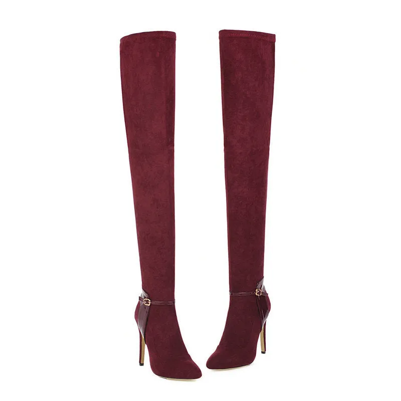 Autumn And Winter Pointed Ultra-Fine High Heel Elastic Velvet Knee High Boots