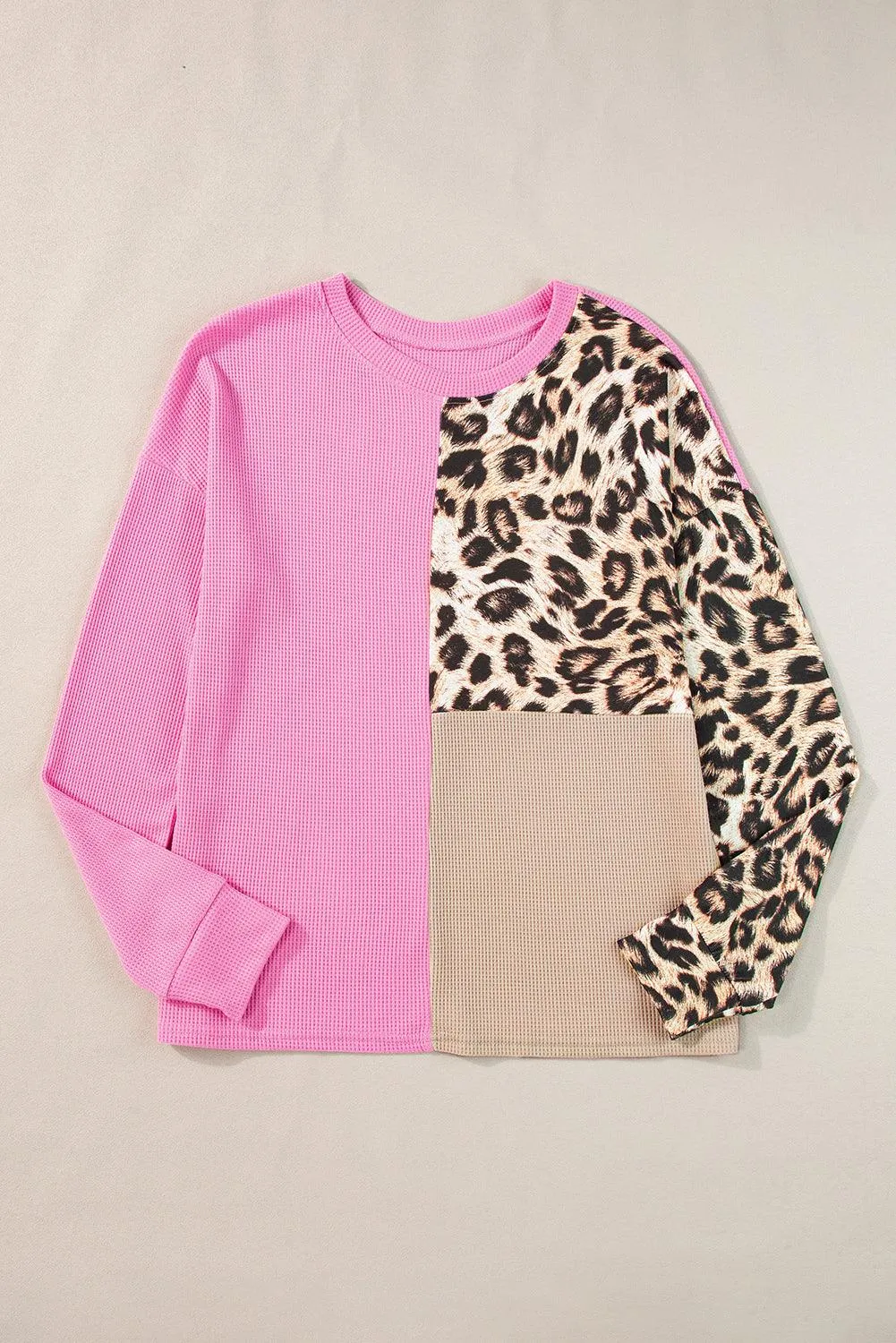 Bonbon Casual Waffle Knit Leopard Contrast Long Sleeve Top