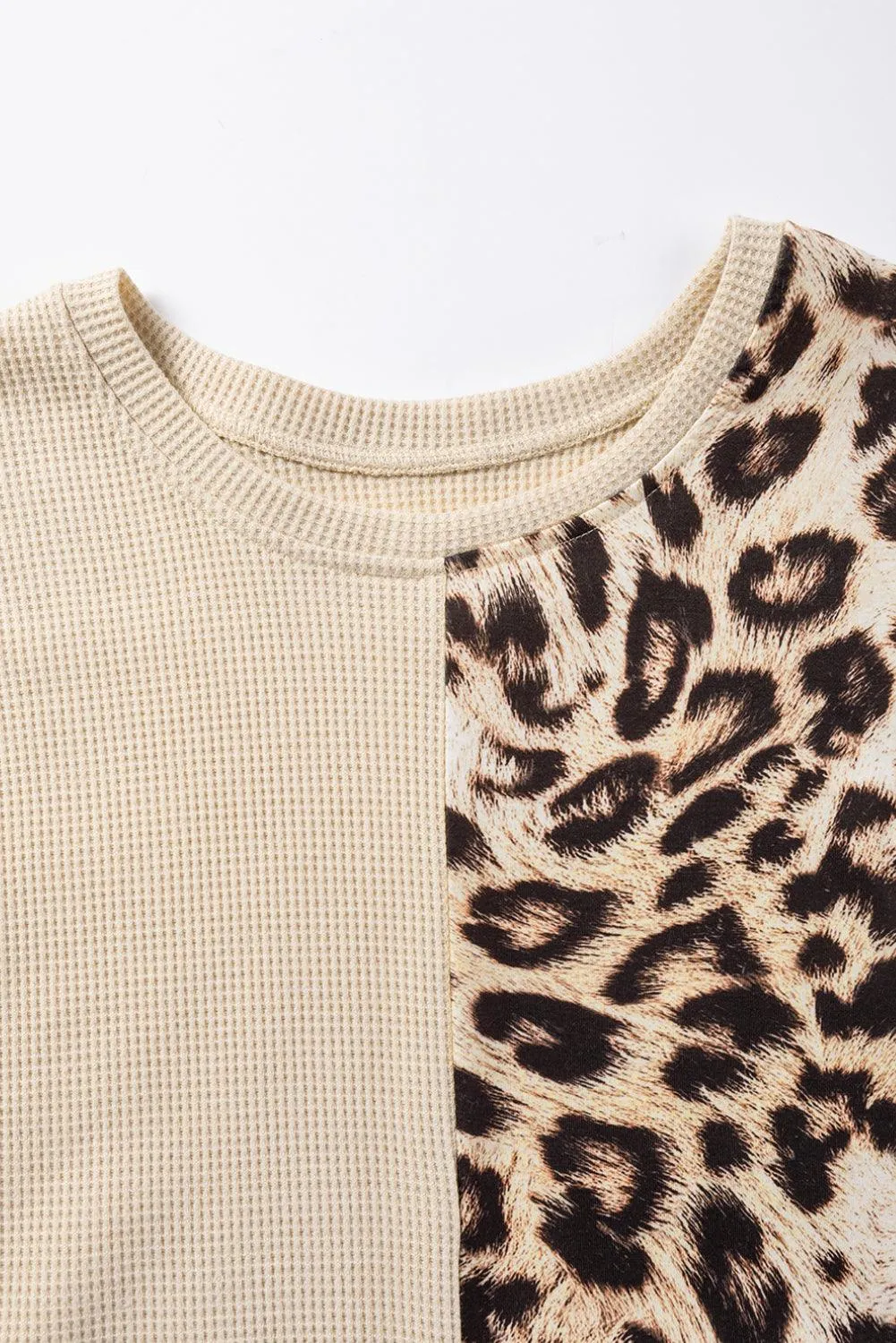 Bonbon Casual Waffle Knit Leopard Contrast Long Sleeve Top