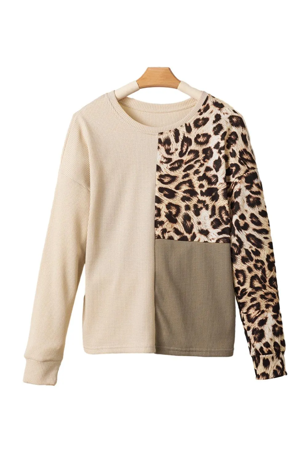 Bonbon Casual Waffle Knit Leopard Contrast Long Sleeve Top