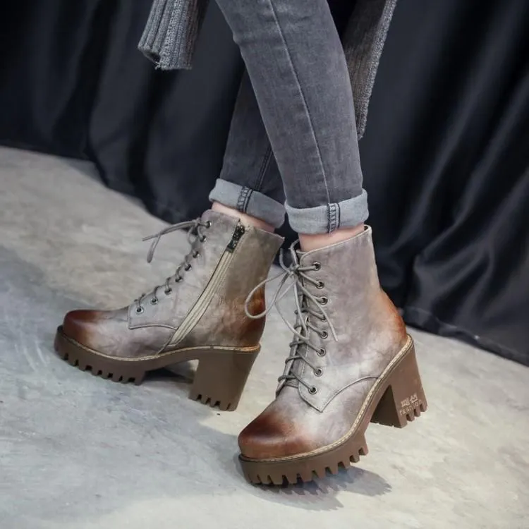 Brush Color Round Head Chunky Heel Martin Boots