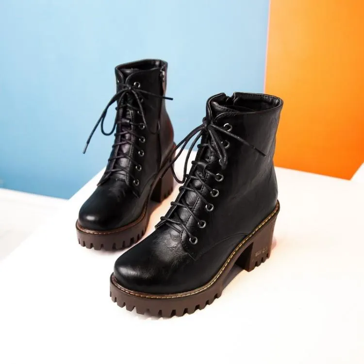 Brush Color Round Head Chunky Heel Martin Boots