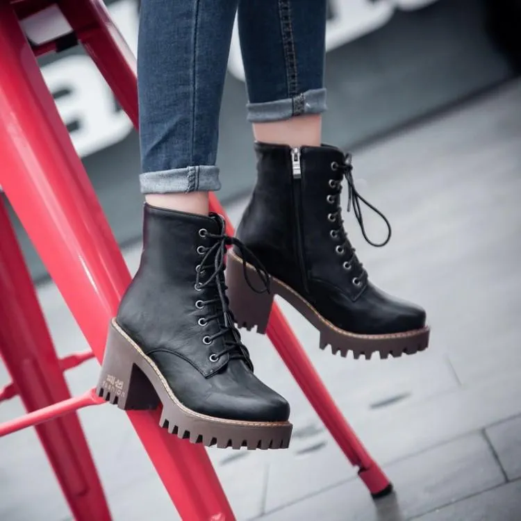 Brush Color Round Head Chunky Heel Martin Boots
