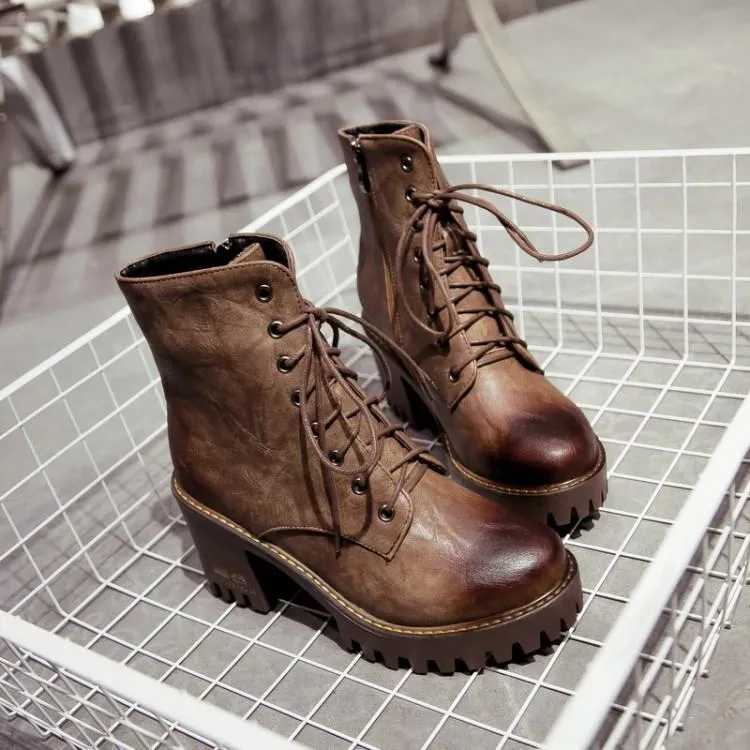 Brush Color Round Head Chunky Heel Martin Boots