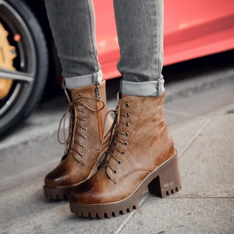 Brush Color Round Head Chunky Heel Martin Boots