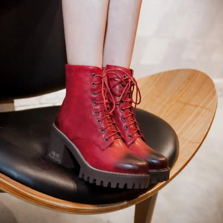 Brush Color Round Head Chunky Heel Martin Boots