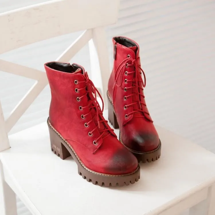 Brush Color Round Head Chunky Heel Martin Boots