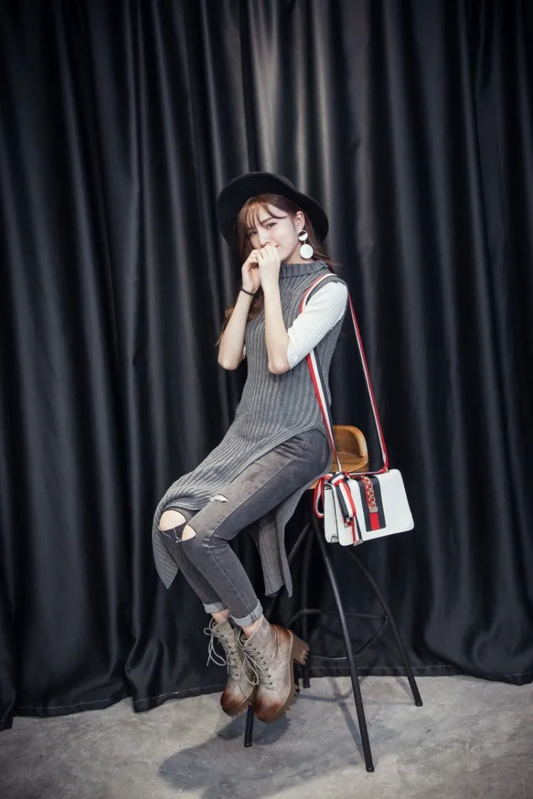 Brush Color Round Head Chunky Heel Martin Boots