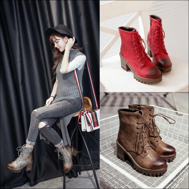 Brush Color Round Head Chunky Heel Martin Boots
