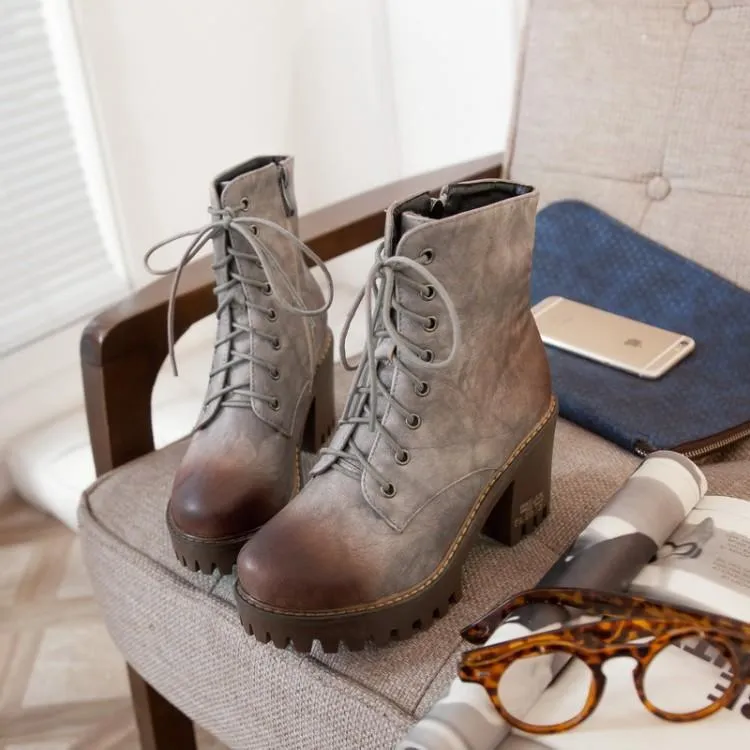 Brush Color Round Head Chunky Heel Martin Boots