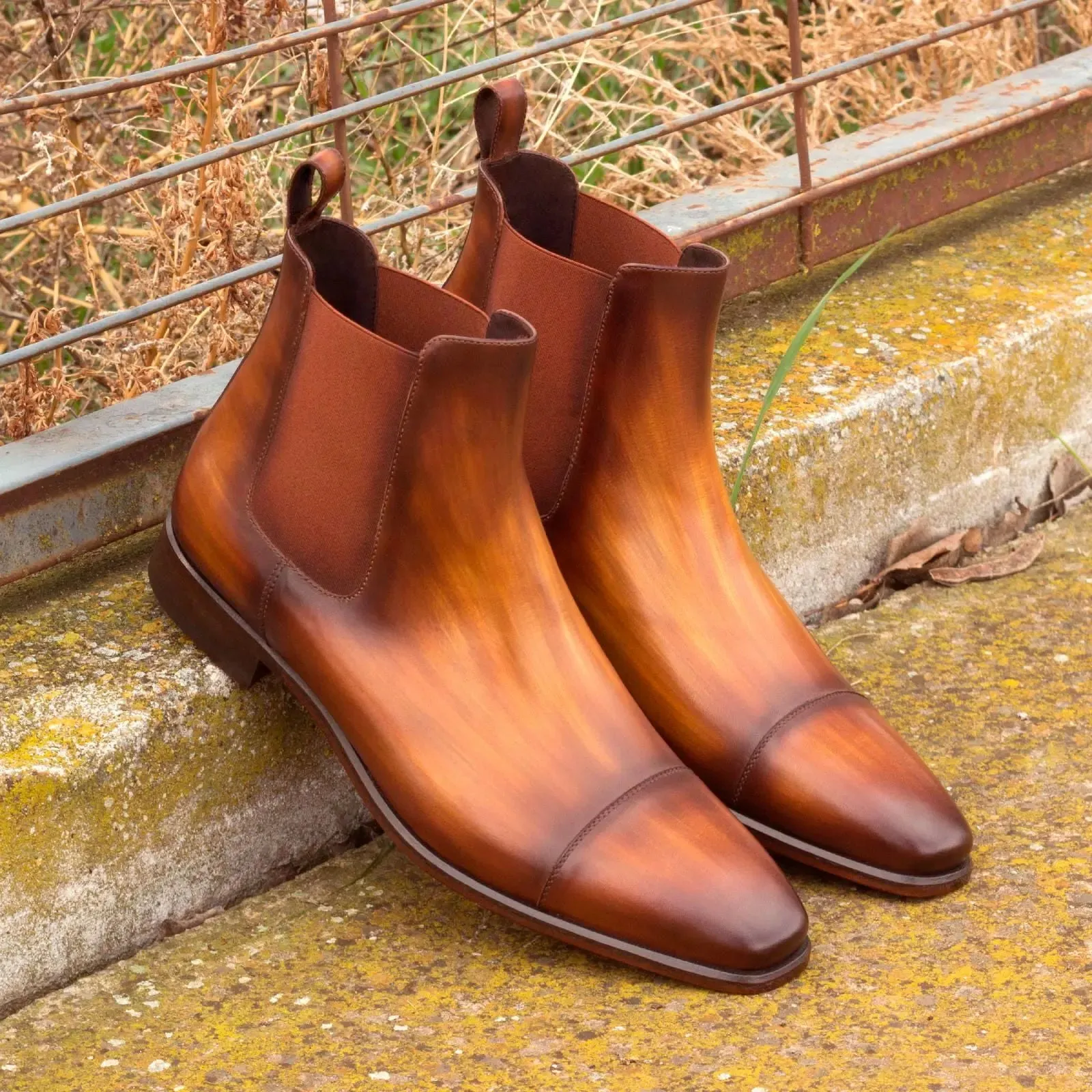 DapperFam Monza in Cognac Men's Hand-Painted Patina Chelsea Boot