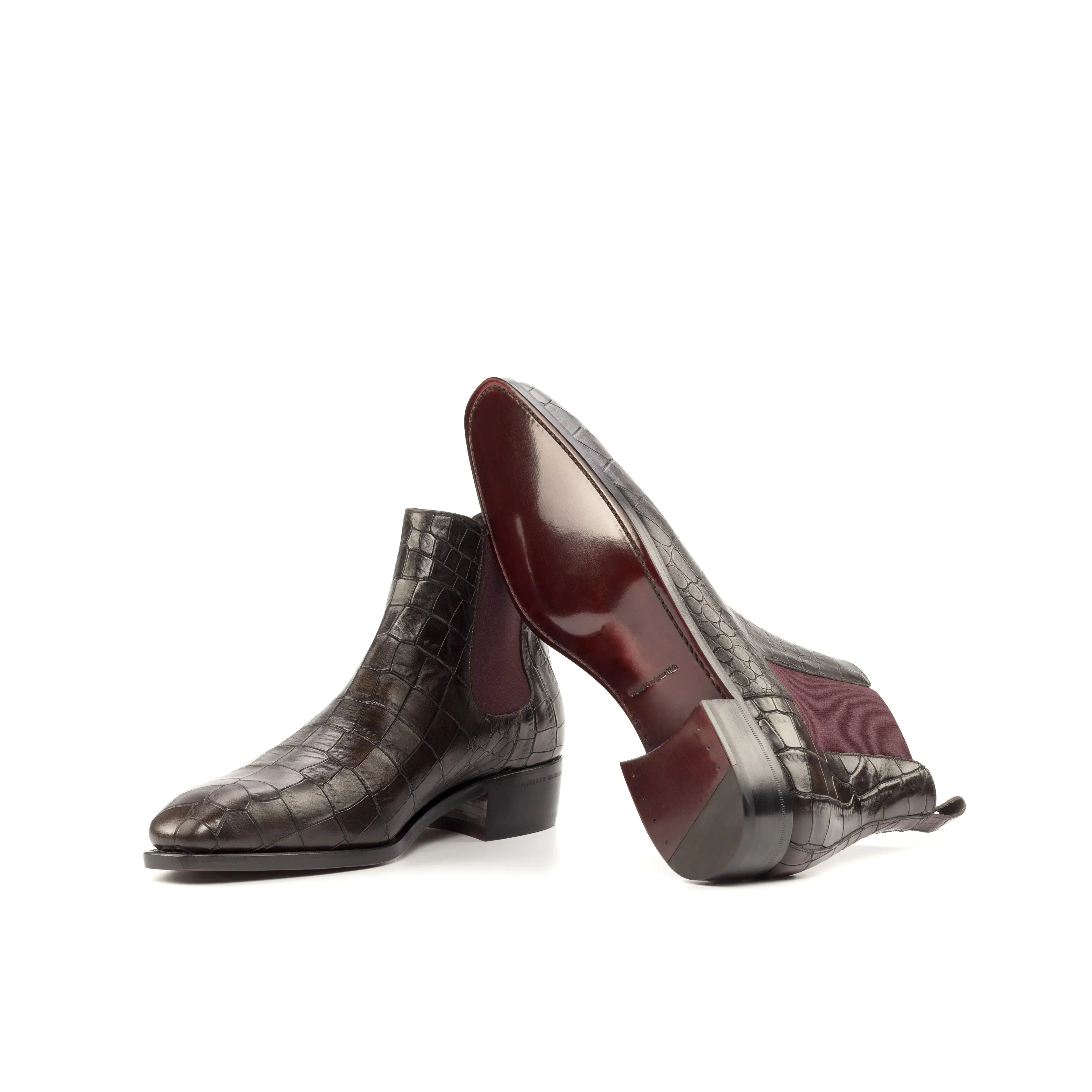 DapperFam Monza in Dark Brown / Burgundy Men's Italian Croco Embossed Leather Chelsea Boot