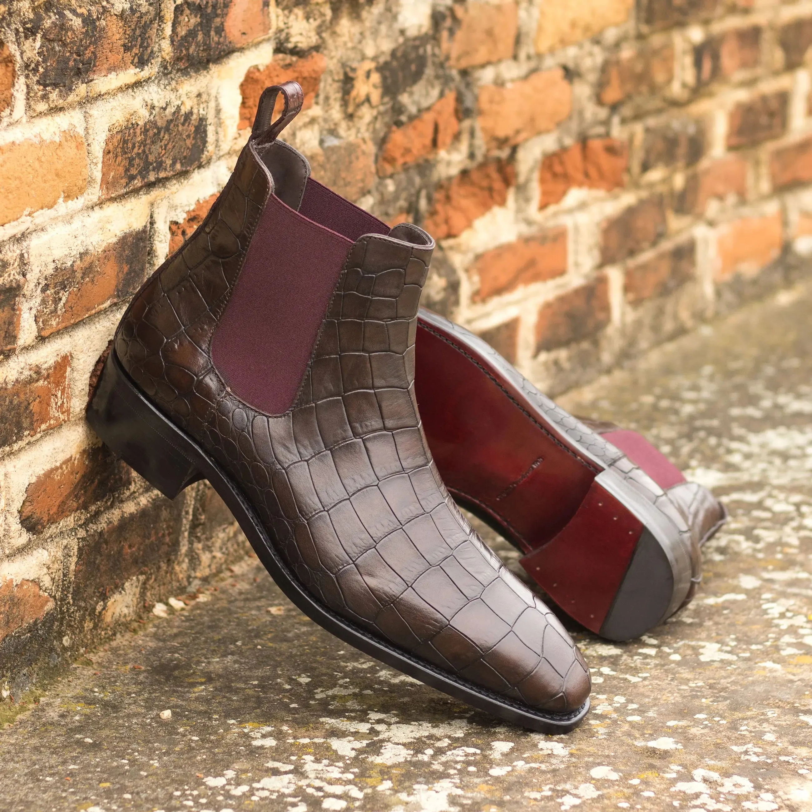 DapperFam Monza in Dark Brown / Burgundy Men's Italian Croco Embossed Leather Chelsea Boot