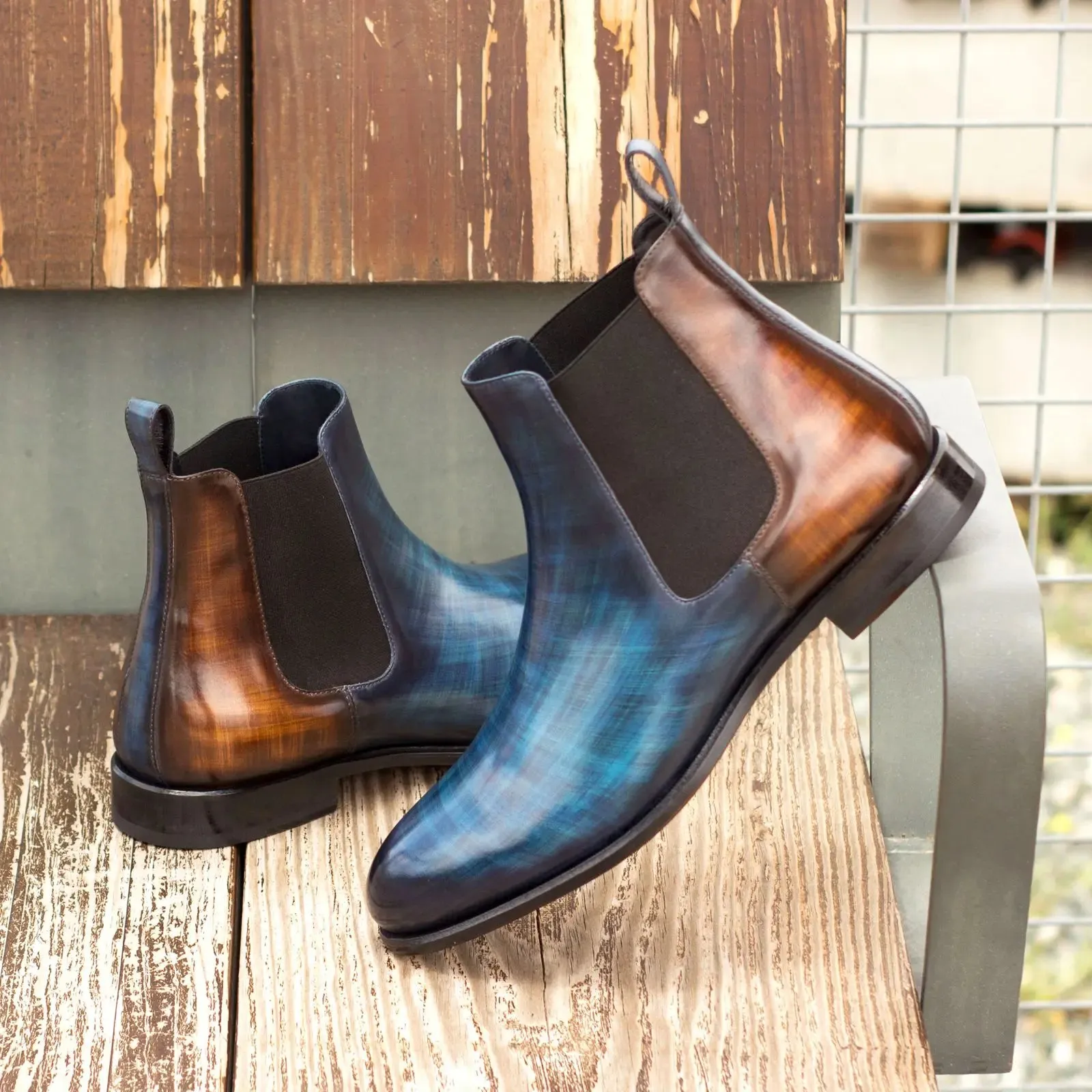 DapperFam Monza in Denim / Brown Men's Hand-Painted Patina Chelsea Boot