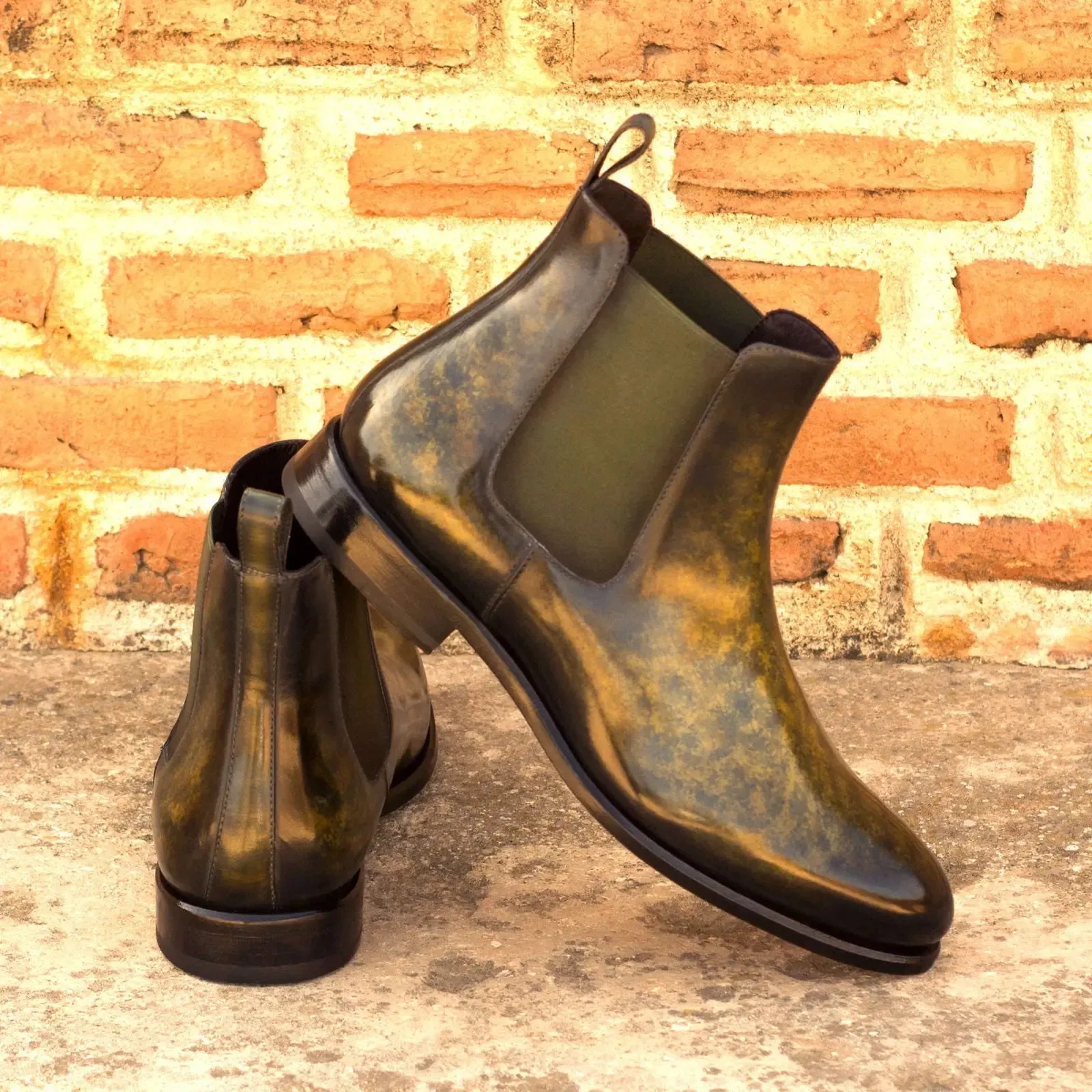 DapperFam Monza in Khaki Men's Hand-Painted Patina Chelsea Boot
