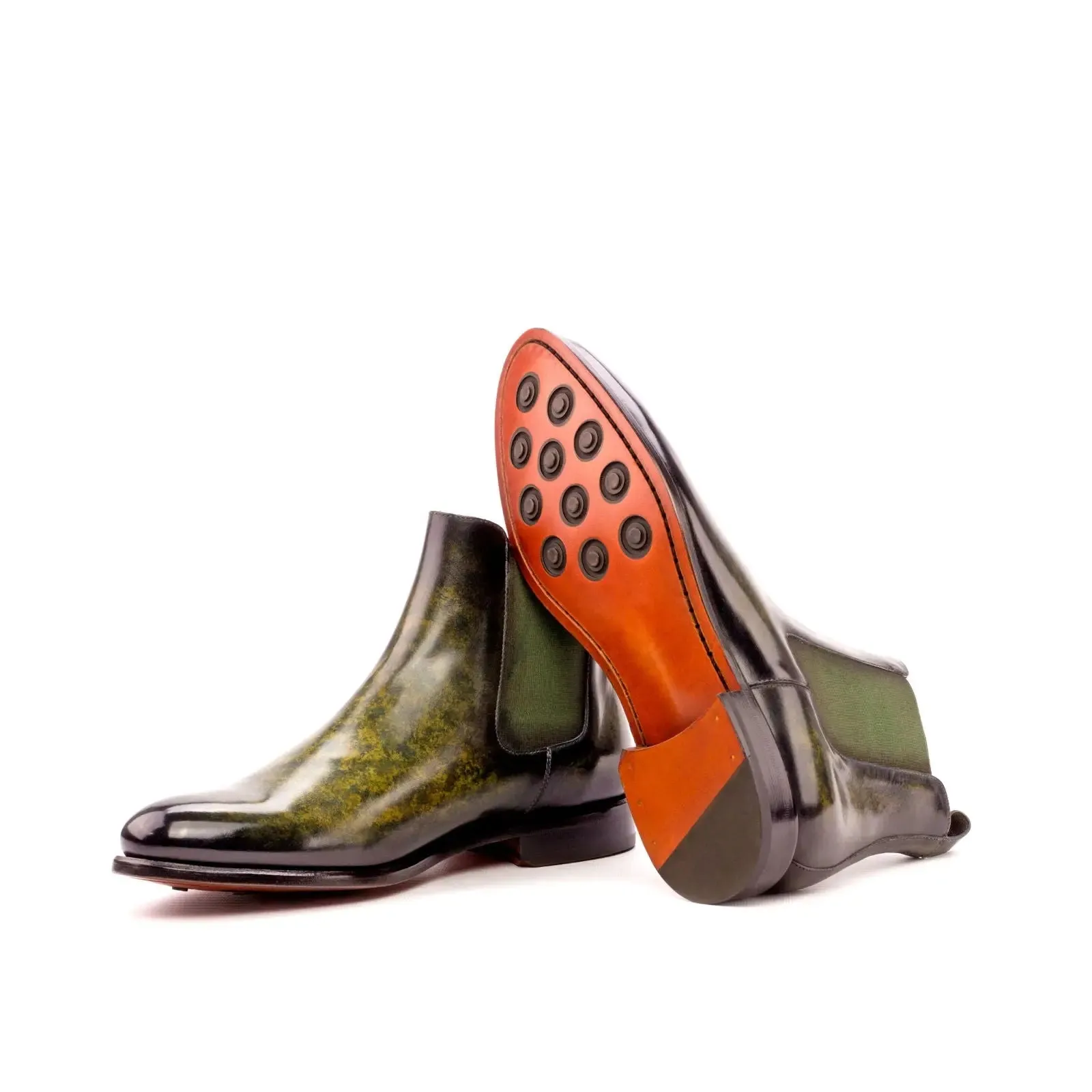 DapperFam Monza in Khaki Men's Hand-Painted Patina Chelsea Boot
