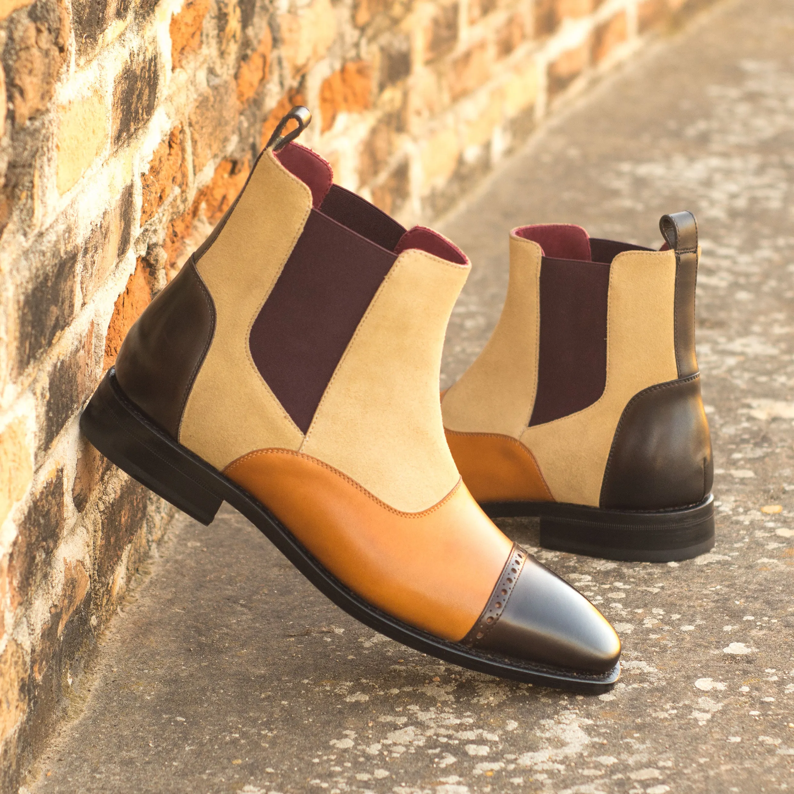 DapperFam Vesuvio in Dark Brown / Cognac / Sand Men's Lux Suede & Italian Leather Chelsea Multi Boot