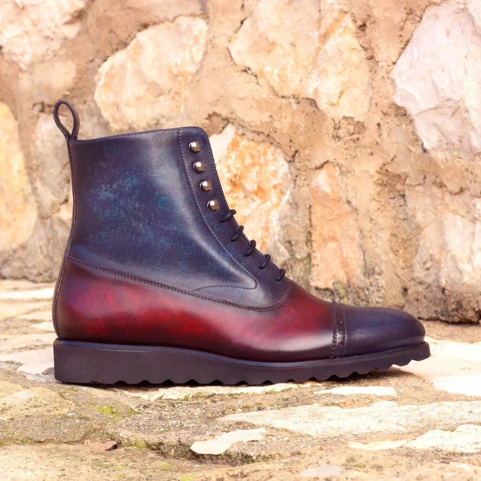 DapperFam Vittorio in Denim / Burgundy Men's Hand-Painted Patina Balmoral Boot