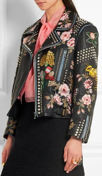 Embellished Genuine Leather Biker Jacket