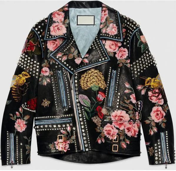 Embellished Genuine Leather Biker Jacket