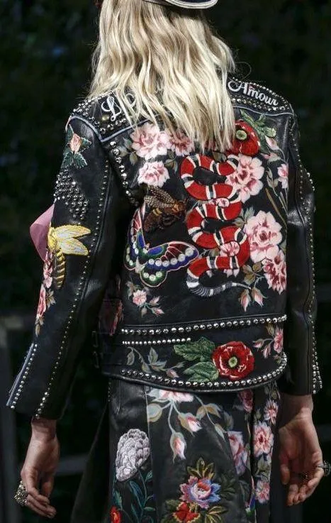 Embellished Genuine Leather Biker Jacket