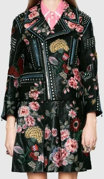 Embellished Genuine Leather Biker Jacket