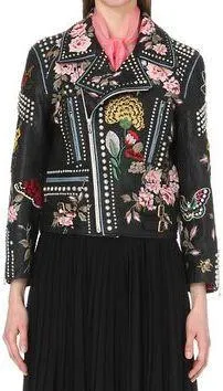 Embellished Genuine Leather Biker Jacket