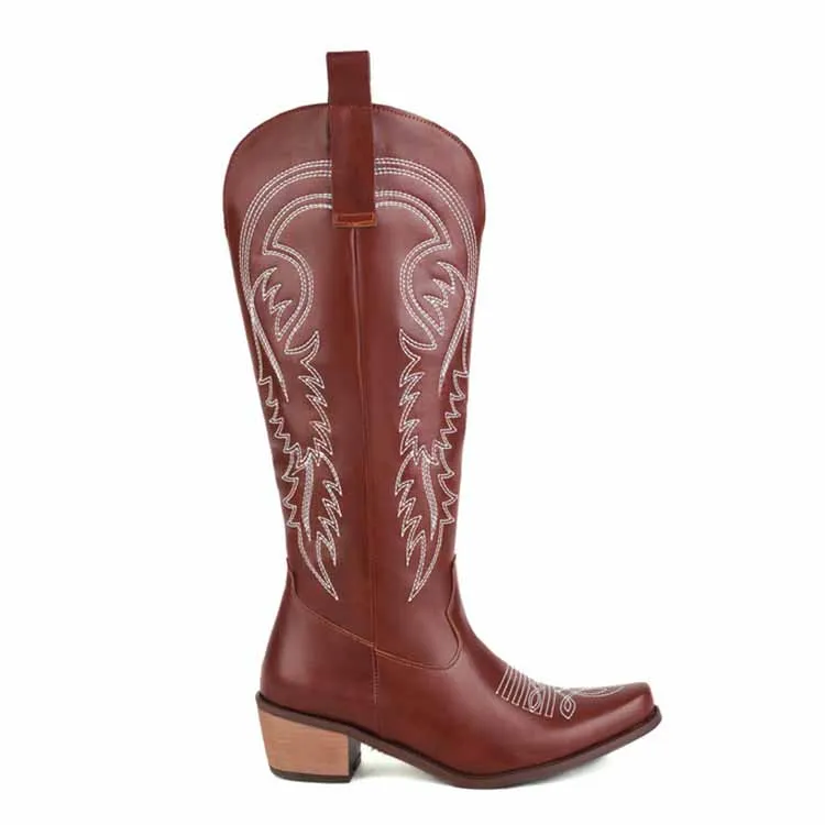 Embroidered Pull-On Chunky Heel Cowgirl Knee High Western Boots