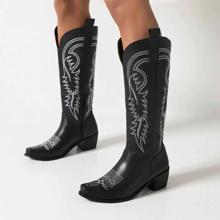 Embroidered Pull-On Chunky Heel Cowgirl Knee High Western Boots