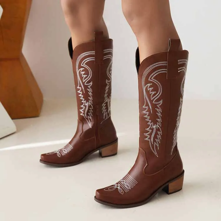 Embroidered Pull-On Chunky Heel Cowgirl Knee High Western Boots
