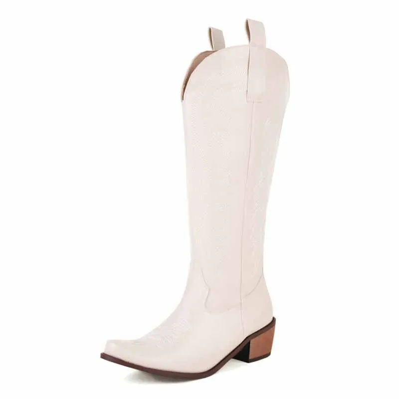 Embroidered Pull-On Chunky Heel Cowgirl Knee High Western Boots