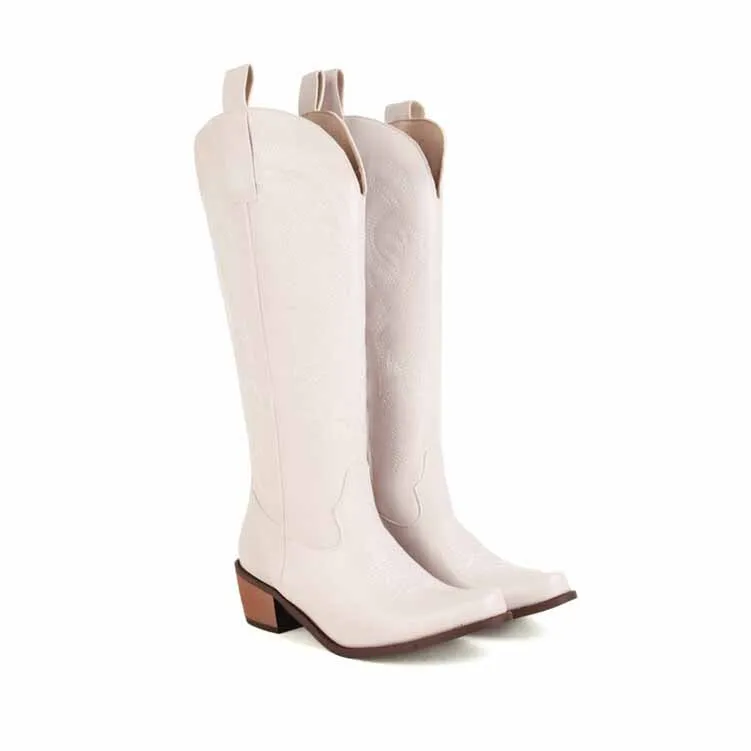 Embroidered Pull-On Chunky Heel Cowgirl Knee High Western Boots