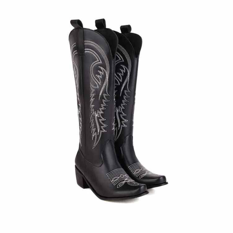 Embroidered Pull-On Chunky Heel Cowgirl Knee High Western Boots